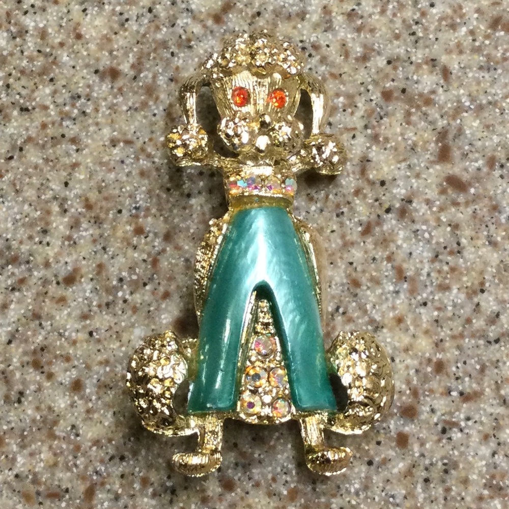 Vintage- Gold-tone Green Poodle Brooch with Rhinestones